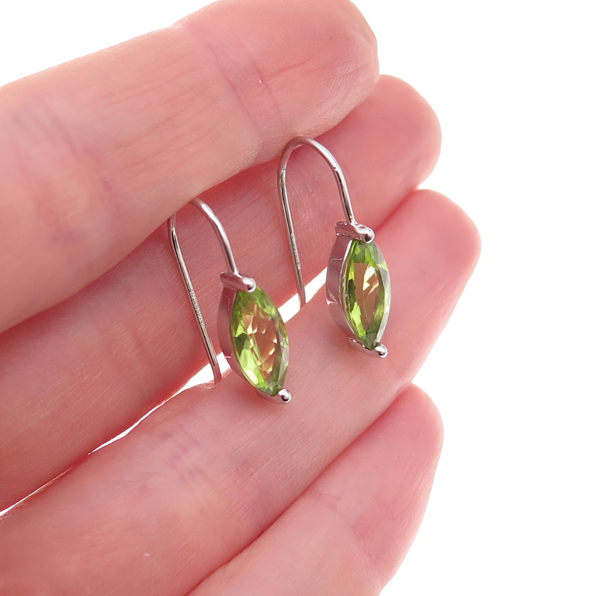 925 Sterling Silver Mexico Real Marquise-Cut Peridot Dangle Earrings