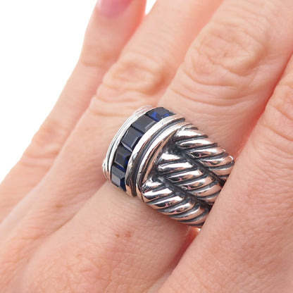 925 Sterling Silver Vintage Real Sapphire Modernist Oxidized Ring Size 7