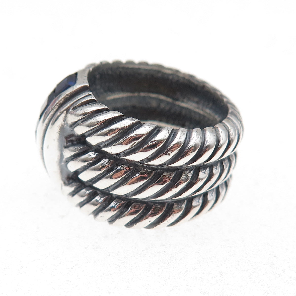 925 Sterling Silver Vintage Real Sapphire Modernist Oxidized Ring Size 7