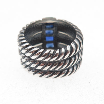 925 Sterling Silver Vintage Real Sapphire Modernist Oxidized Ring Size 7