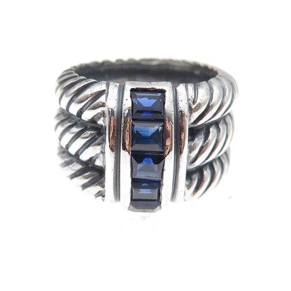 925 Sterling Silver Vintage Real Sapphire Modernist Oxidized Ring Size 7