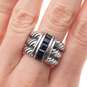 925 Sterling Silver Vintage Real Sapphire Modernist Oxidized Ring Size 7