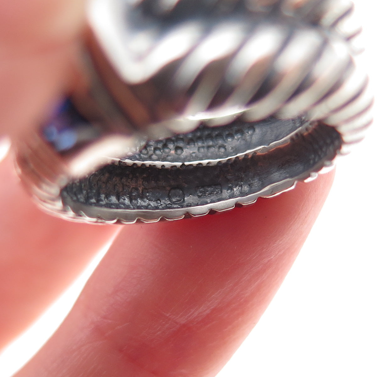 925 Sterling Silver Vintage Real Sapphire Modernist Oxidized Ring Size 7