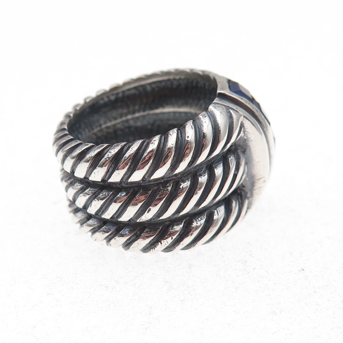925 Sterling Silver Vintage Real Sapphire Modernist Oxidized Ring Size 7