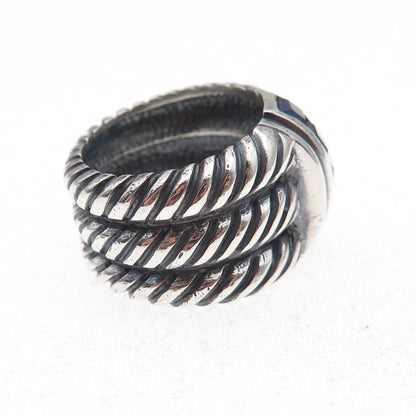925 Sterling Silver Vintage Real Sapphire Modernist Oxidized Ring Size 7