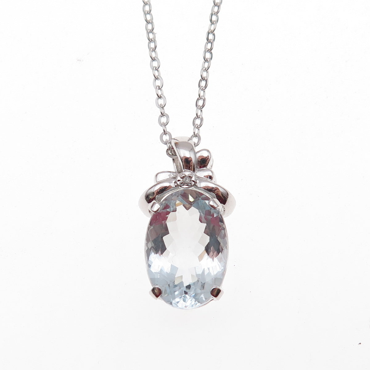 925 Sterling Silver Mexico Real Diamond & Aquamarine Cable Chain Necklace 18"
