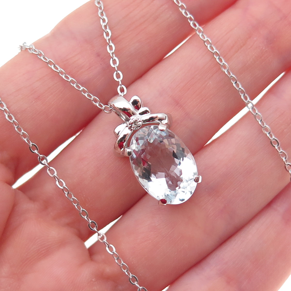 925 Sterling Silver Mexico Real Diamond & Aquamarine Cable Chain Necklace 18"