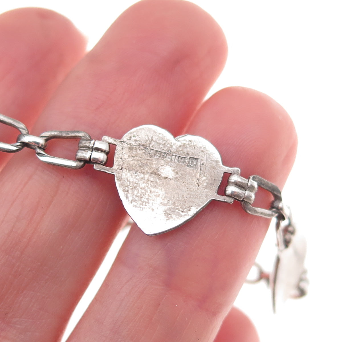 925 Sterling Silver Antique Art Deco Enamel Rose Floral Heart Bracelet 6.5"
