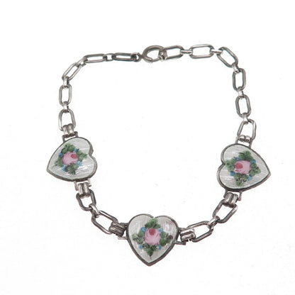 925 Sterling Silver Antique Art Deco Enamel Rose Floral Heart Bracelet 6.5"