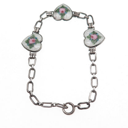 925 Sterling Silver Antique Art Deco Enamel Rose Floral Heart Bracelet 6.5"