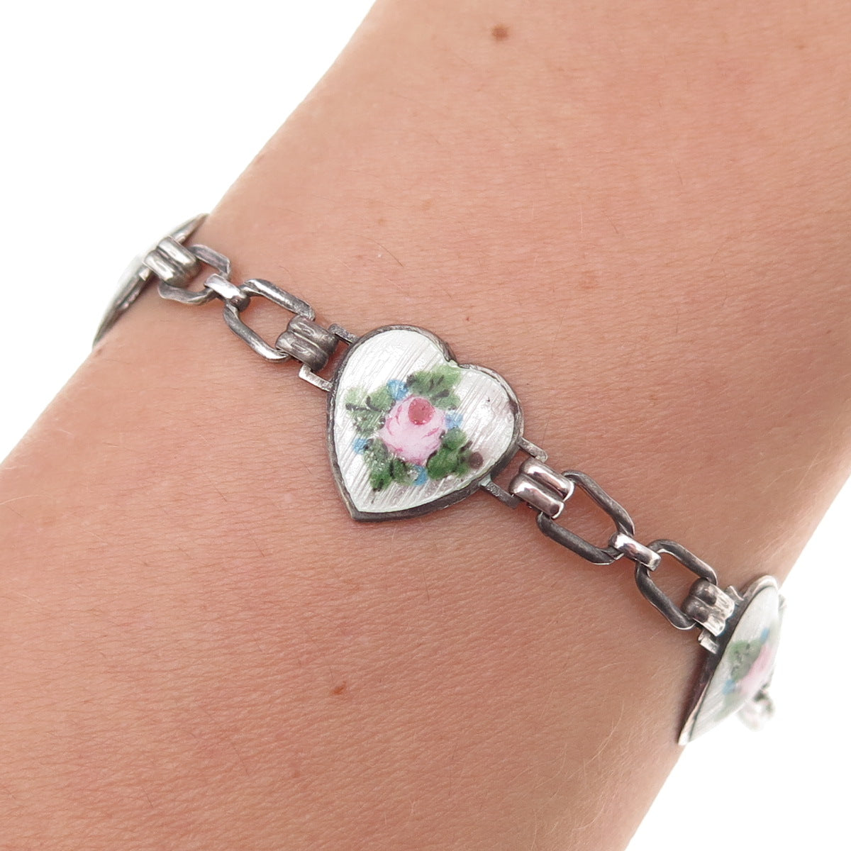 925 Sterling Silver Antique Art Deco Enamel Rose Floral Heart Bracelet 6.5"