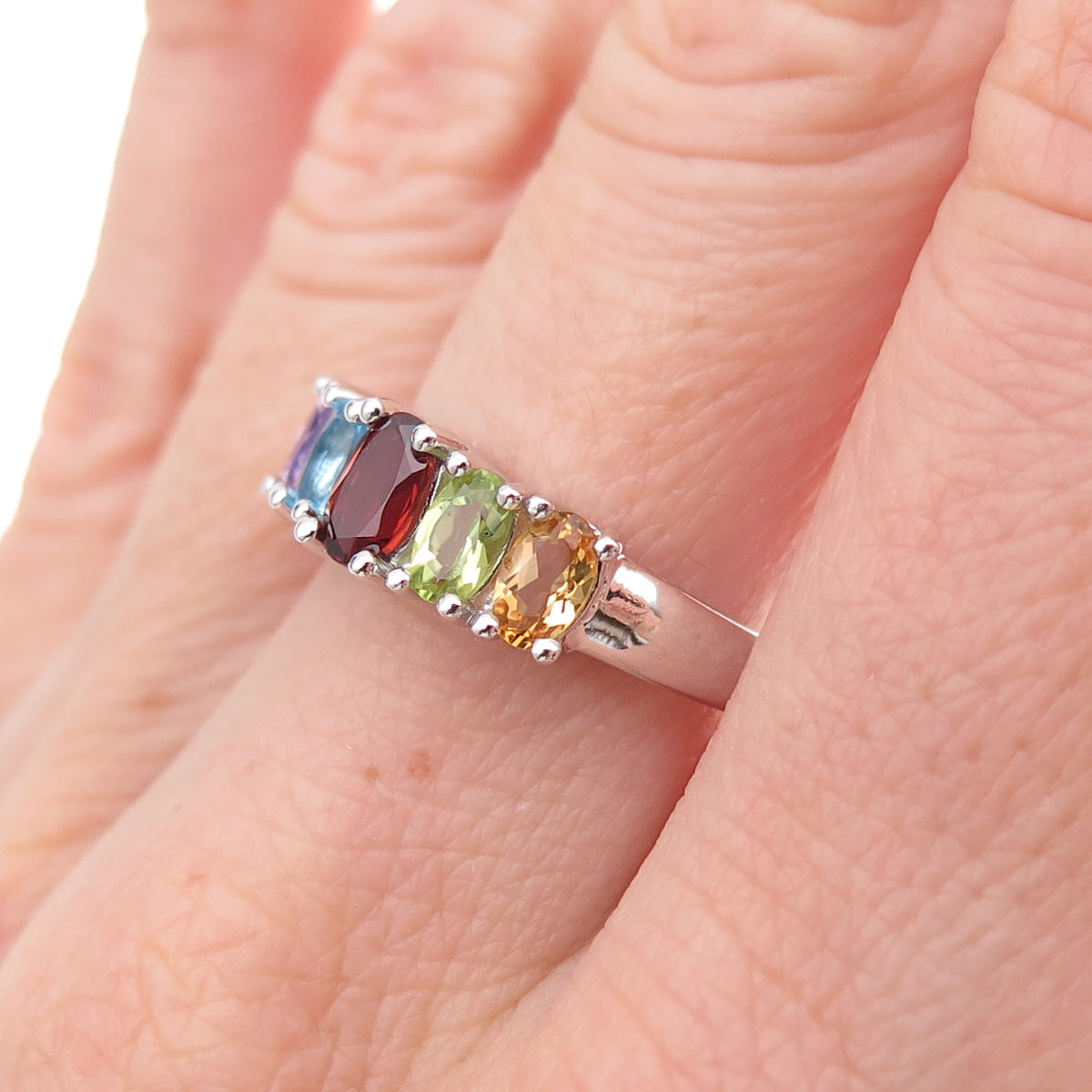 925 Sterling Mexico Real Blue Topaz Garnet Amethyst Peridot Citrine Ring Size 7