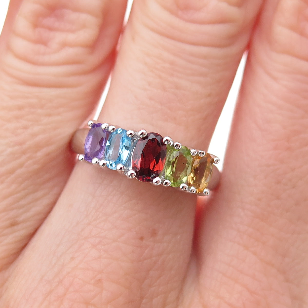 925 Sterling Mexico Real Blue Topaz Garnet Amethyst Peridot Citrine Ring Size 7