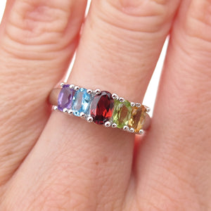 925 Sterling Mexico Real Blue Topaz Garnet Amethyst Peridot Citrine Ring Size 7