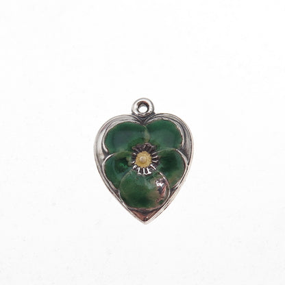 925 Sterling Silver Antique Art Deco Enamel Floral Heart Chatelaine Pendant