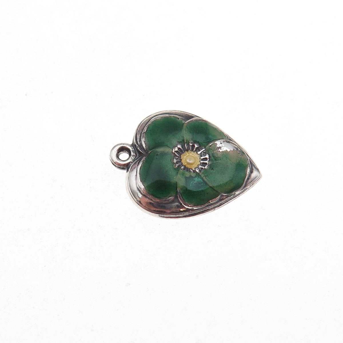 925 Sterling Silver Antique Art Deco Enamel Floral Heart Chatelaine Pendant