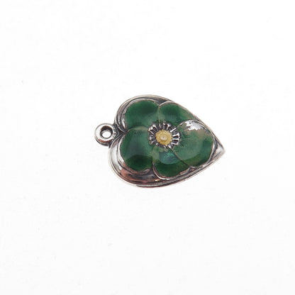 925 Sterling Silver Antique Art Deco Enamel Floral Heart Chatelaine Pendant