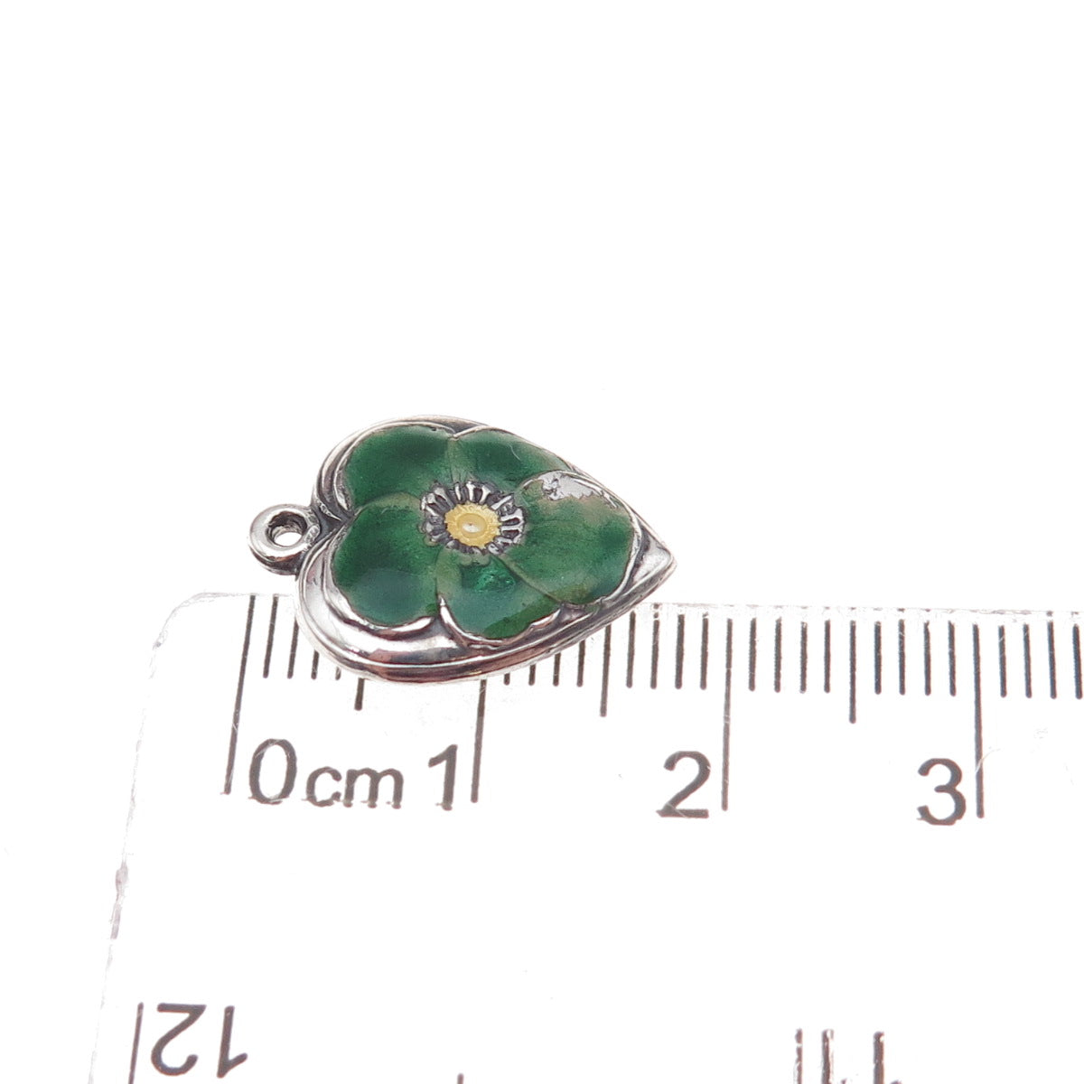 925 Sterling Silver Antique Art Deco Enamel Floral Heart Chatelaine Pendant