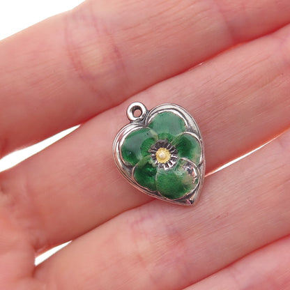 925 Sterling Silver Antique Art Deco Enamel Floral Heart Chatelaine Pendant