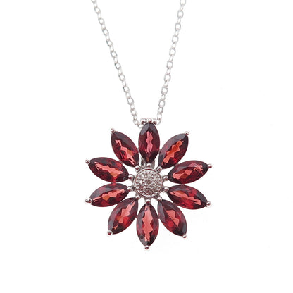 925 Sterling Silver Mexico Real Diamond & Red Garnet Floral Chain Necklace 18"