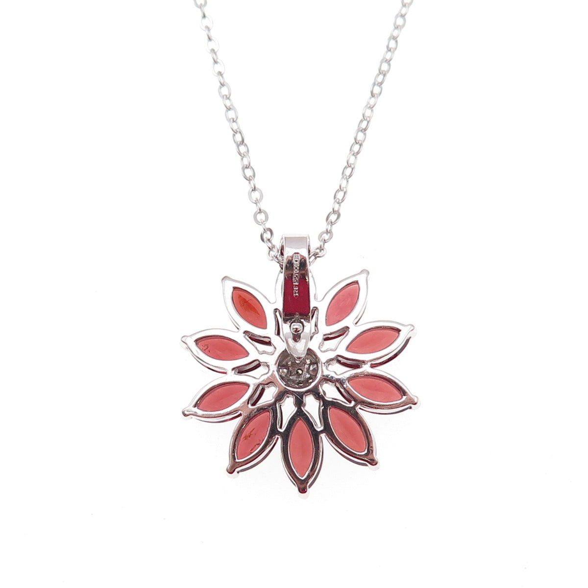 925 Sterling Silver Mexico Real Diamond & Red Garnet Floral Chain Necklace 18"