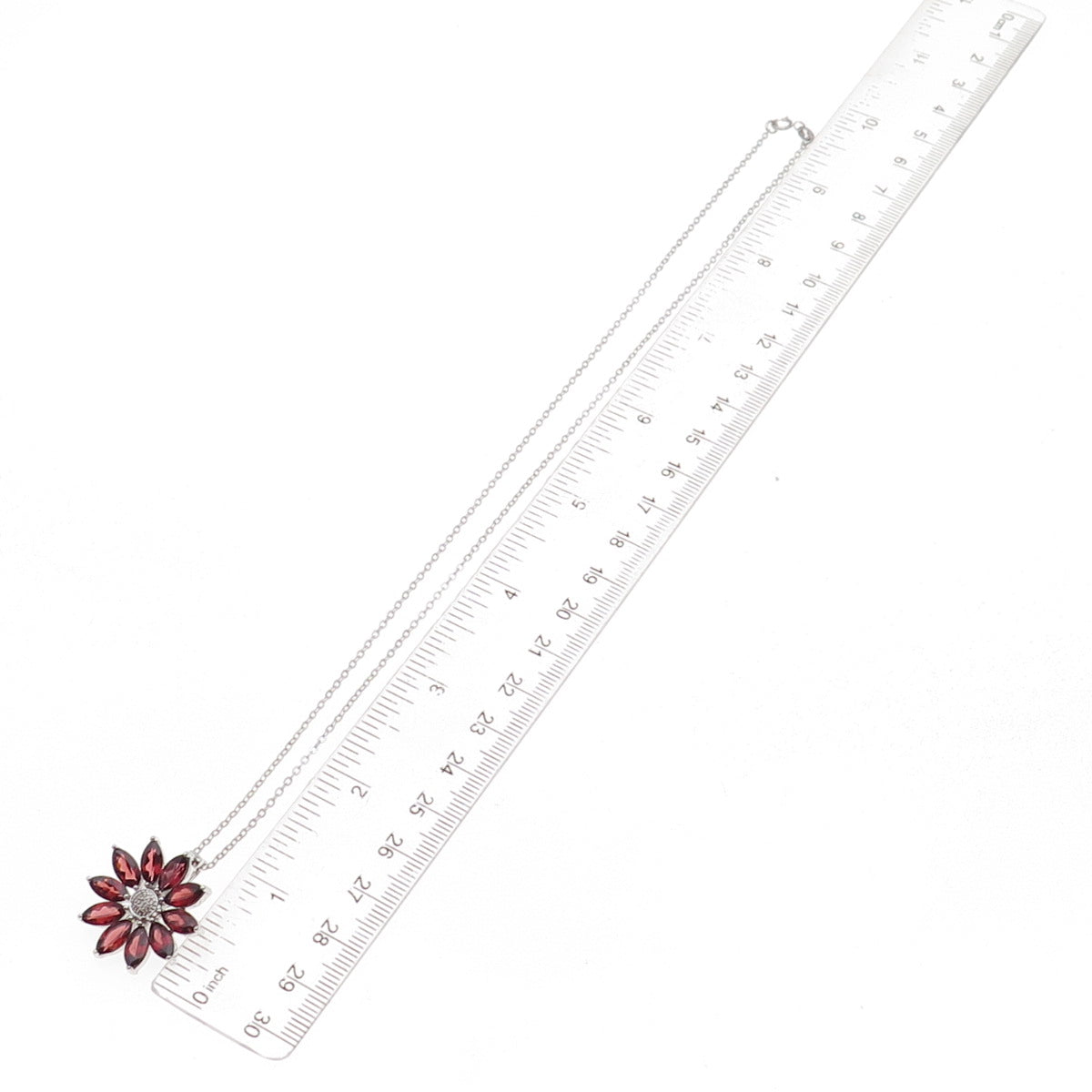 925 Sterling Silver Mexico Real Diamond & Red Garnet Floral Chain Necklace 18"