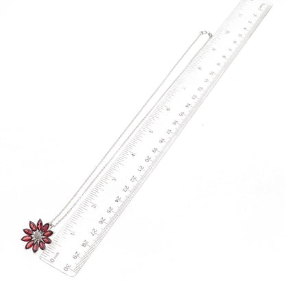 925 Sterling Silver Mexico Real Diamond & Red Garnet Floral Chain Necklace 18"