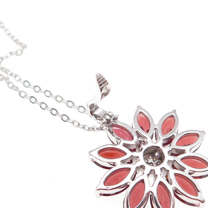 925 Sterling Silver Mexico Real Diamond & Red Garnet Floral Chain Necklace 18"