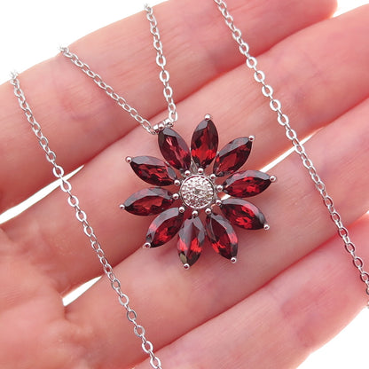 925 Sterling Silver Mexico Real Diamond & Red Garnet Floral Chain Necklace 18"