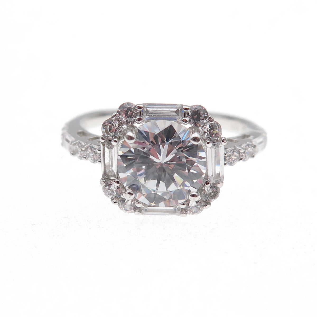 925 Sterling Silver Round & Emerald-Cut C Z Engagement Ring Size 7.25