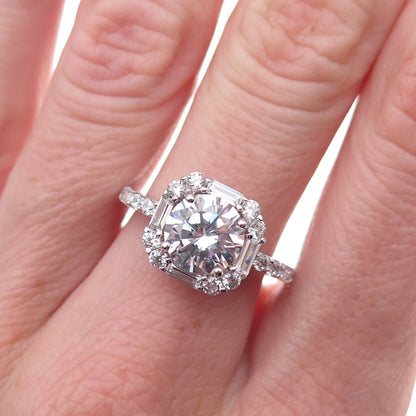 925 Sterling Silver Round & Emerald-Cut C Z Engagement Ring Size 7.25