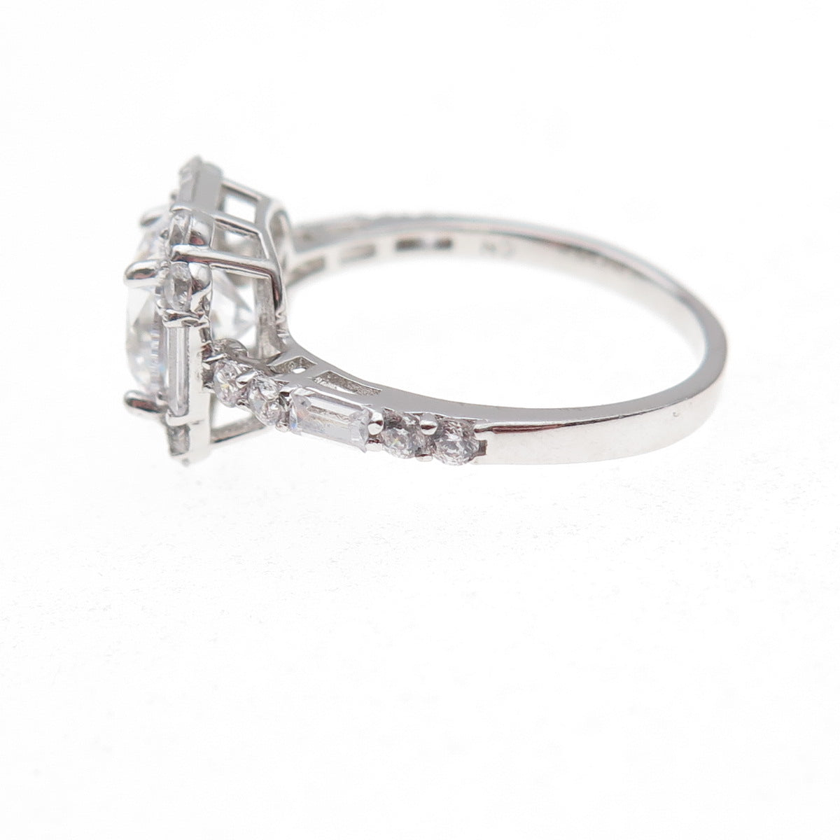 925 Sterling Silver Round & Emerald-Cut C Z Engagement Ring Size 7.25