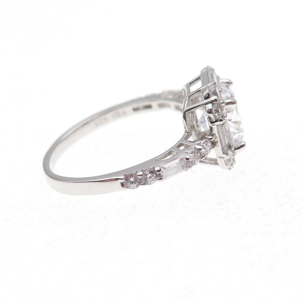 925 Sterling Silver Round & Emerald-Cut C Z Engagement Ring Size 7.25