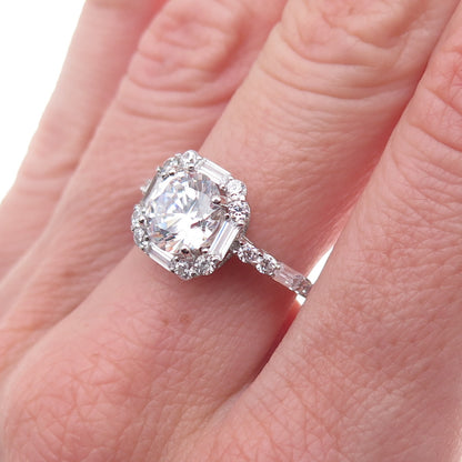 925 Sterling Silver Round & Emerald-Cut C Z Engagement Ring Size 7.25
