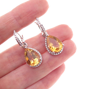 925 Sterling Silver Mexico Real Pear-Cut Citrine Dangle Earrings