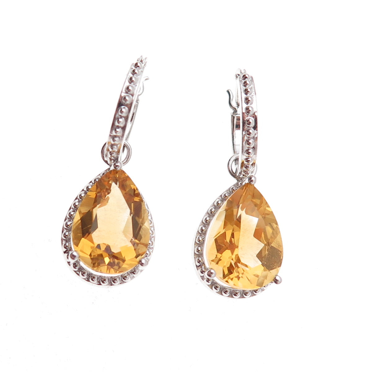 925 Sterling Silver Mexico Real Pear-Cut Citrine Dangle Earrings