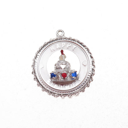 Mark Mercy 925 Sterling Silver Vintage Rhinestone Happy Birthday Charm Pendant