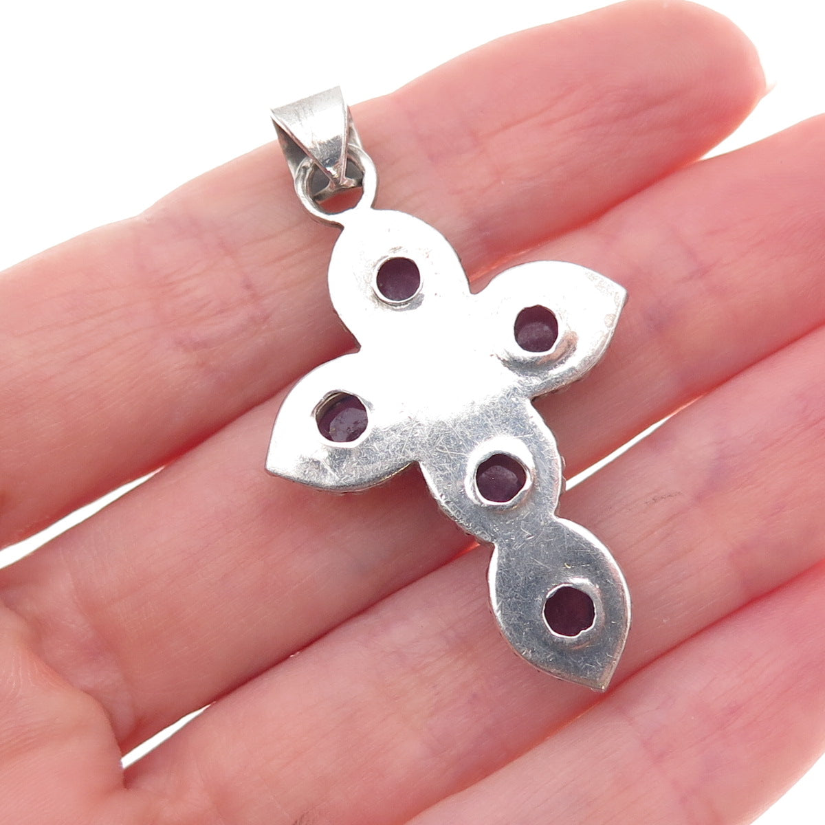 925 Sterling Silver Vintage Real Amethyst Cross Beaded Oxidized Charm Pendant