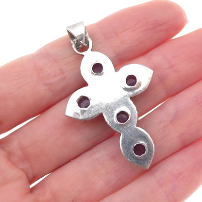 925 Sterling Silver Vintage Real Amethyst Cross Beaded Oxidized Charm Pendant