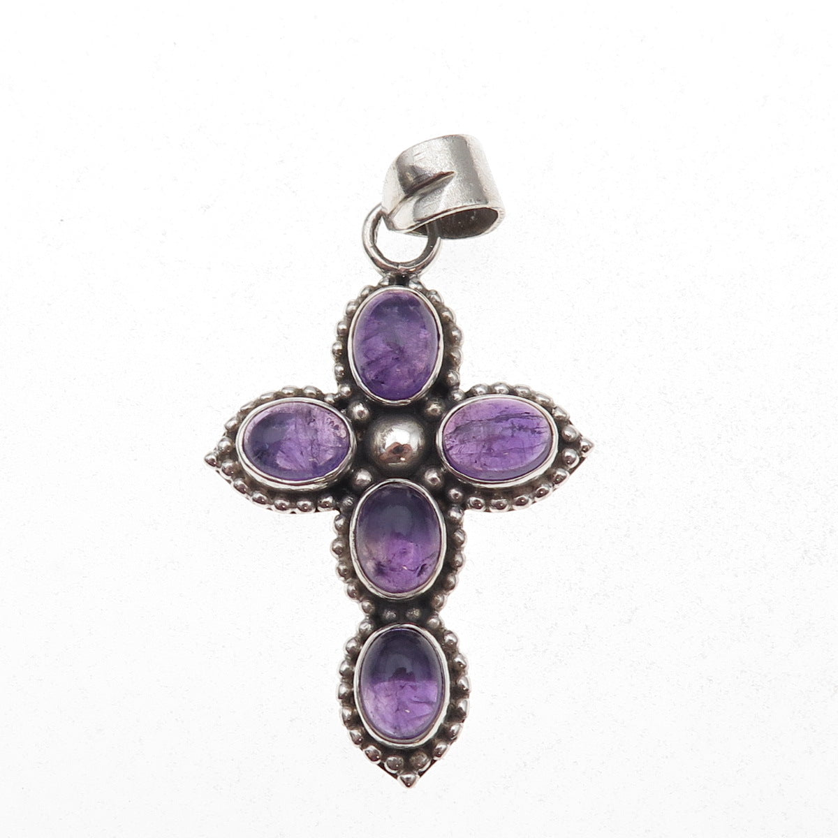 925 Sterling Silver Vintage Real Amethyst Cross Beaded Oxidized Charm Pendant
