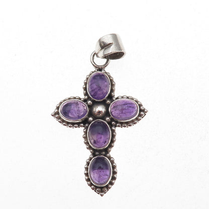 925 Sterling Silver Vintage Real Amethyst Cross Beaded Oxidized Charm Pendant