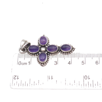 925 Sterling Silver Vintage Real Amethyst Cross Beaded Oxidized Charm Pendant