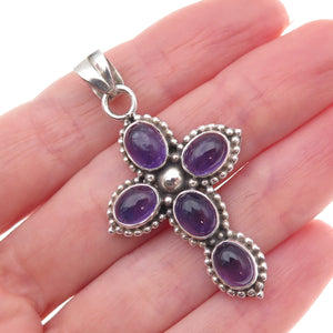 925 Sterling Silver Vintage Real Amethyst Cross Beaded Oxidized Charm Pendant