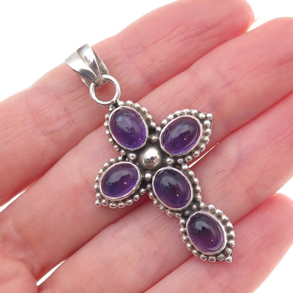 925 Sterling Silver Vintage Real Amethyst Cross Beaded Oxidized Charm Pendant