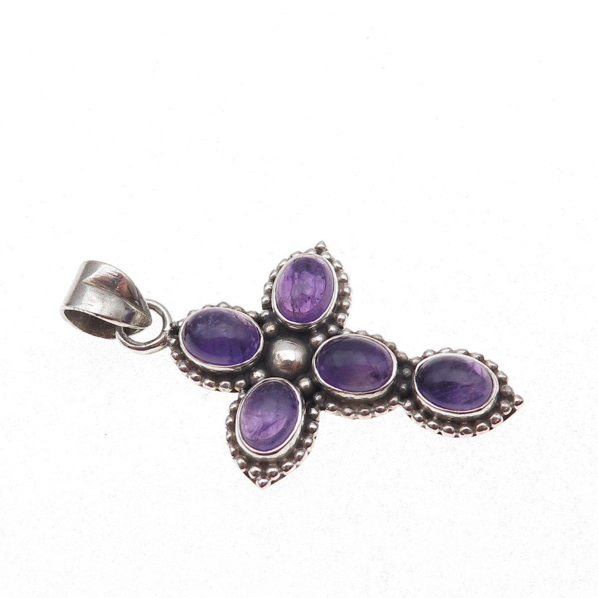 925 Sterling Silver Vintage Real Amethyst Cross Beaded Oxidized Charm Pendant