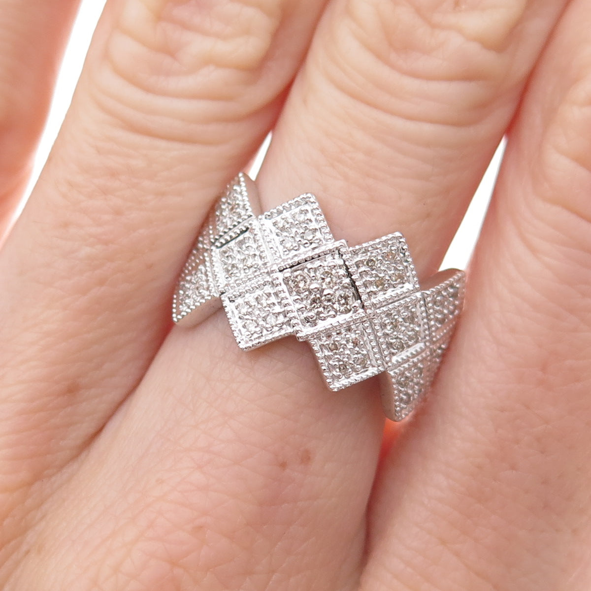 925 Sterling Silver Mexico Real Round-Cut Diamond Ring Size 7