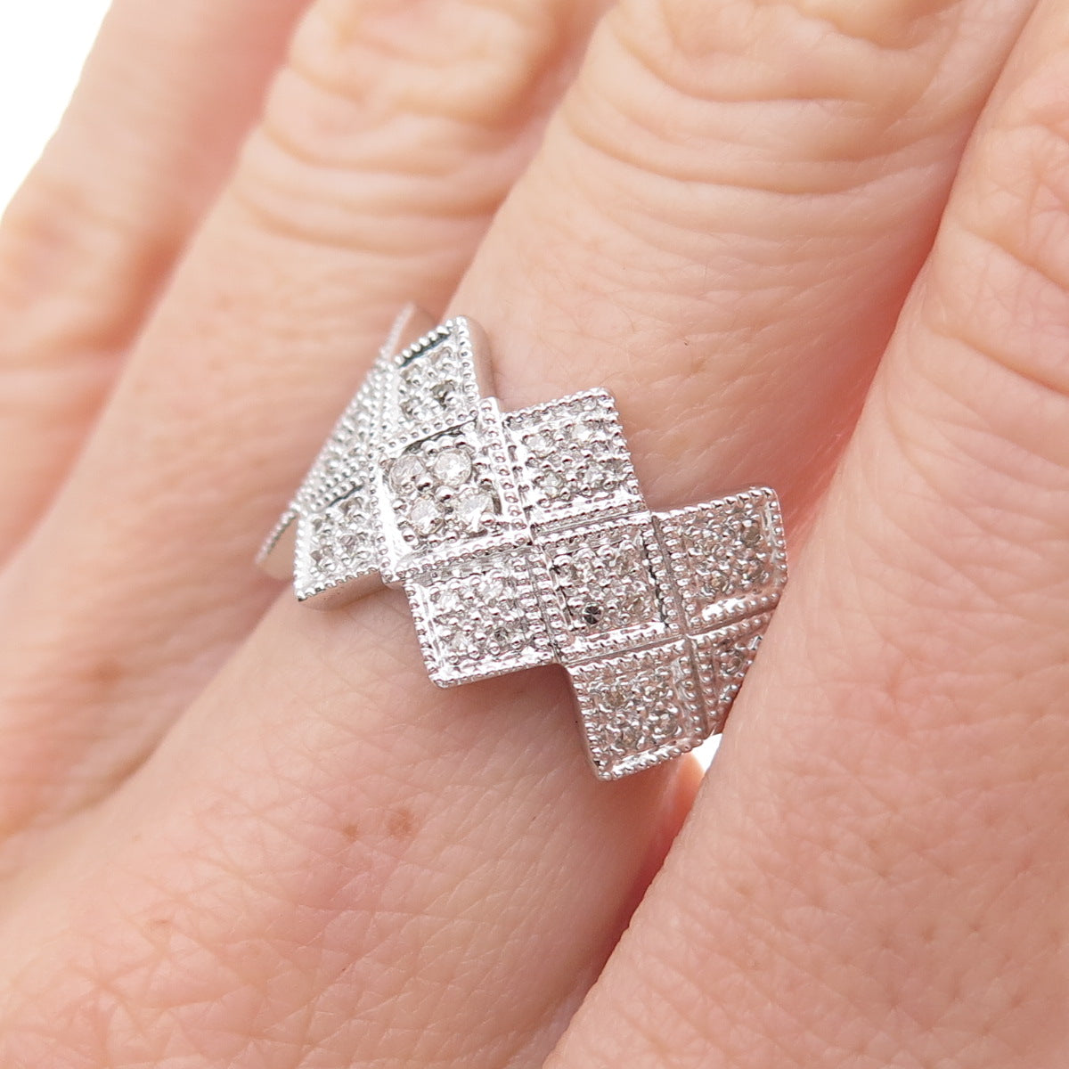 925 Sterling Silver Mexico Real Round-Cut Diamond Ring Size 7