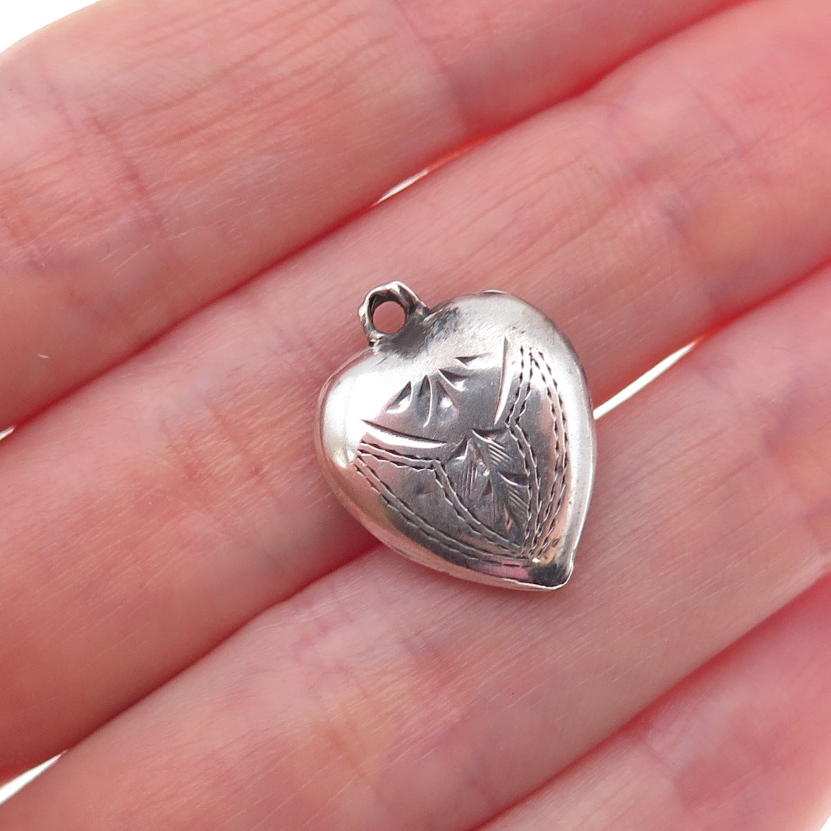 925 Sterling Silver Antique Art Deco Etched Heart Chatelaine Charm Pendant