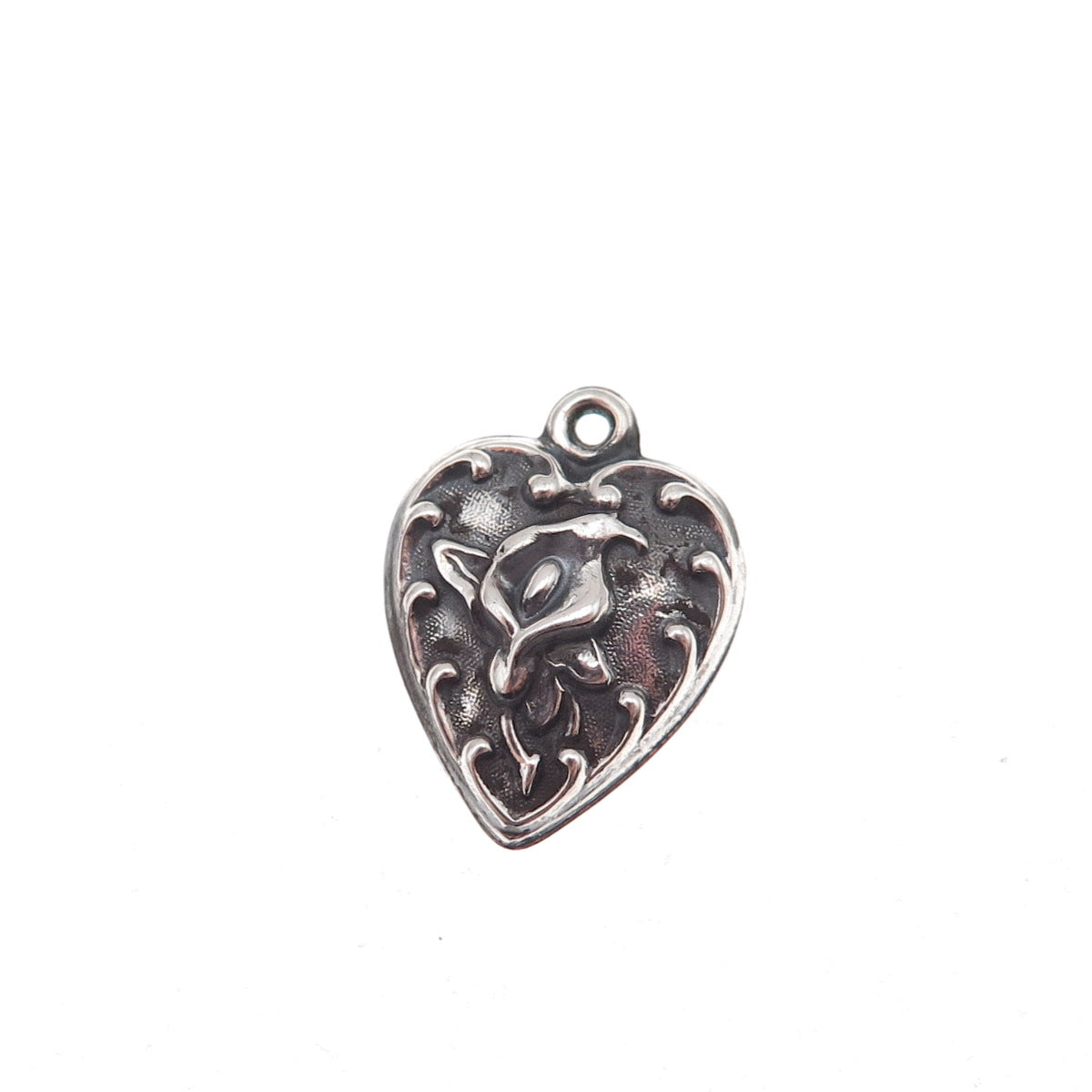 925 Sterling Silver Antique Art Deco Calla Lily Heart Chatelaine Charm Pendant