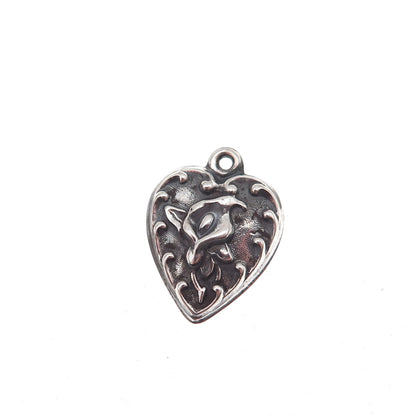 925 Sterling Silver Antique Art Deco Calla Lily Heart Chatelaine Charm Pendant